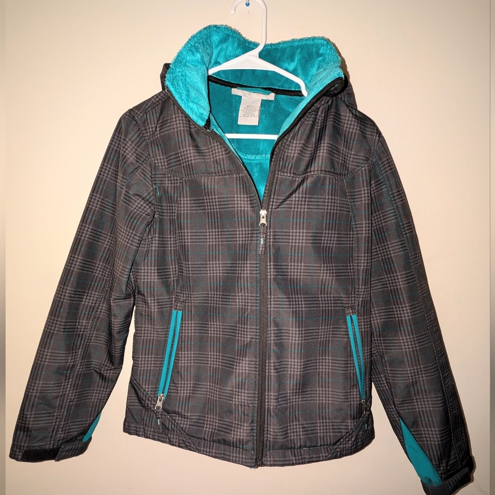 Free Country Women's Rain Jacket Gray Plaid & Teal w/ Detachable Hood Size Small